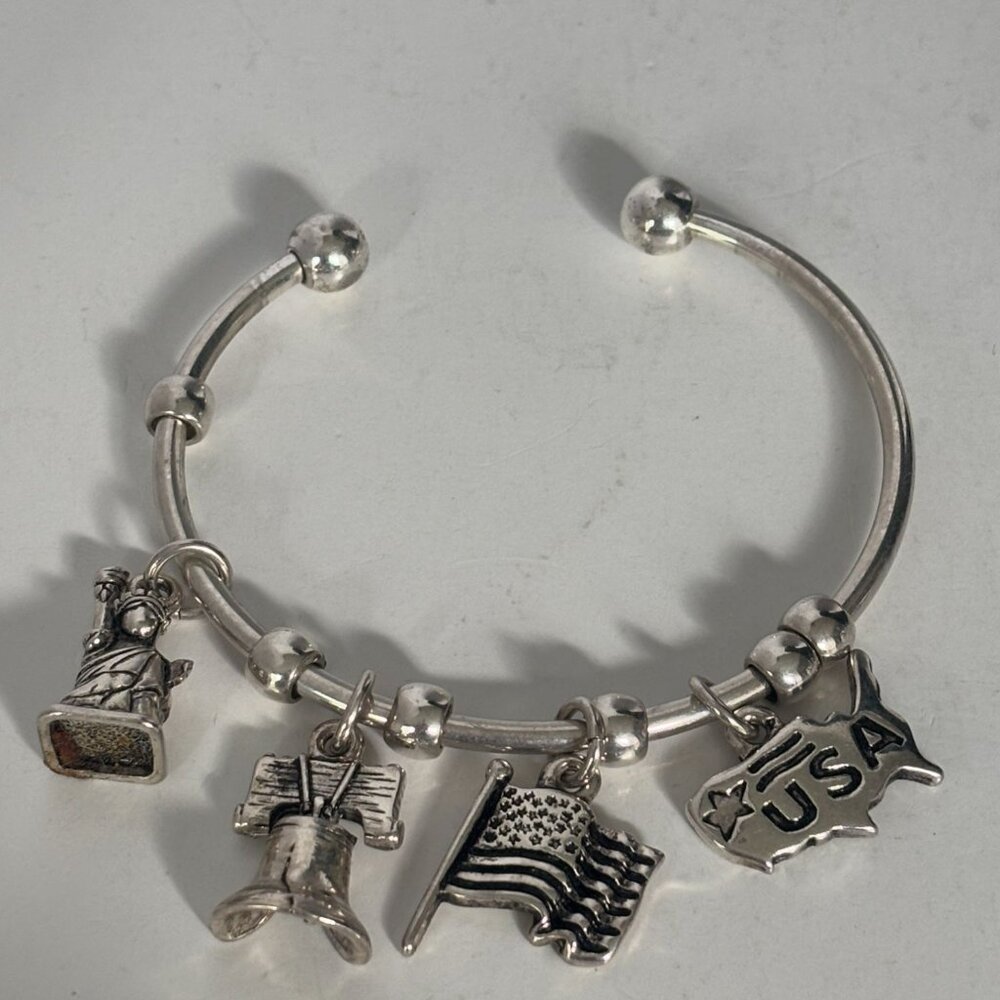Patriotic Charm Bracelet Cuff Liberty Bell Flag Statue of Liberty American Flag - Picture 6 of 7